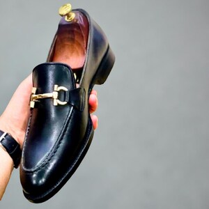 Handmade Men Black Leather Bit Loafer Shoes