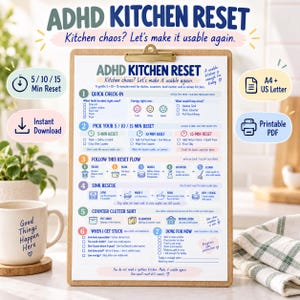 Pode incluir: Uma prancheta com uma lista de verificação ADHD Kitchen Reset de sete passos, incluindo Quick Check-in, Pick Your Reset, Follow This Reset Flow, Sink Rescue, Counter Clutter Sort, When I Get Stuck e Done For Now, com ícones e texto.