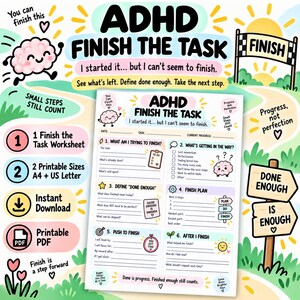 Peut inclure: Une fiche de travail imprimable ADHD Finish the Task comportant six sections pour la gestion des tâches, incluant des invites pour définir les progrès, identifier les obstacles et planifier les étapes. Le document contient des champs de texte.