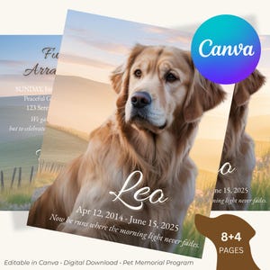 Könnte beinhalten: Ein Gedenkprogramm für Haustiere mit einem Golden Retriever namens "Leo" und Geburts- und Sterbedaten. Das Programm enthält Text und einen landschaftlichen Hintergrund, mit dem Canva-Logo.