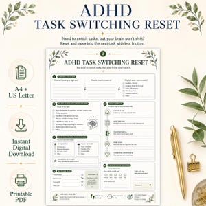 Werkblad voor het resetten van taakwisseling bij ADHD, planner voor het wisselen van taken en het heroriënteren, printbaar PDF-bestand over executieve functies