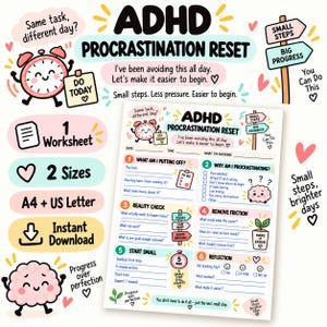Könnte beinhalten: Ein druckbares Arbeitsblatt zur Bewältigung von Prokrastination bei ADHS mit einer sechsstufigen Anleitung und pastellfarbenen Illustrationen von Uhr, Gehirn und Schildern. Enthält Abschnitte zur Aufgabenanalyse und Reflexion in den Formaten A4 und US Letter.