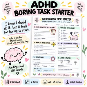 May include: A printable ADHD Boring Task Starter worksheet featuring six numbered sections for task management, including prompts for identifying tasks, energy levels, and breaking down steps, decorated with a pink brain character and pastel accents.
