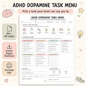 ADHD Dopamine Task Menu Worksheet, Low Motivation and Task Initiation Planner, Executive Function Printable PDF