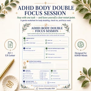 Puede incluir: Una hoja de trabajo imprimible para sesiones de enfoque ADHD body double, con secciones para configuración, seguimiento de tareas, comunicación, distracciones, revisiones y puntos de reinicio en texto azul oscuro.