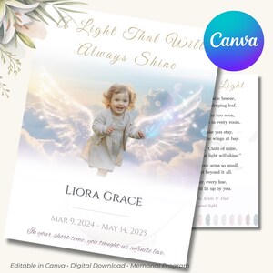Modelo de programa funerário para bebê anjo – Memorial editável do Canva, lembrança fotográfica com asas e marcador (download instantâneo)
