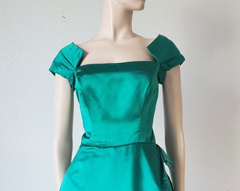 Custom Designer 50s 1950s Vintage Silk Satin Dress Philip Hulitar Party Cocktail / Green Silk Side Drape Couture Formal Evening Wear SM 26W