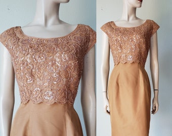 1960s Colin Original Silk Wiggle Dress with Lace and Sequins / 60s Hourglass Dress / 60s Party Dress / Small 25" W