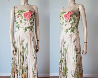 SUBLIME 1950s Ceil Chapman Pleated Long Stemmed Roses Print Silk Chiffon Gown / 50s Floral Gown / 50s Evening Gown / Couture Gown / Sm 26W