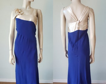 AS IS 1930s Eye Popping Sapphire Blue Silk Gown -Ivory Satin Detail / 1930s Dress / Art Deco Gown / Antique Dress / 30s Dress / Small 28W