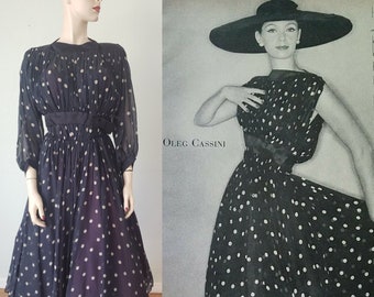 Rare 1950s Oleg Cassini Pleated Chiffon Illusion Bodice New Look Dress / 50s Couture / 50s Polka Dot Dress / 50s Dinner Dress / Small 26" W