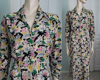 1940s Rayon Novelty Asian Pagoda Print Dress with Faux Peplum / 1940s Dress / Small 27 Waist