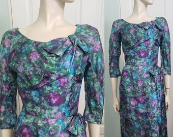 1950s Silk Sarong Style Dress with Pleated Bust  / 50s Hourglass Dress  /  50s Floral Dress  / Small 25 waist