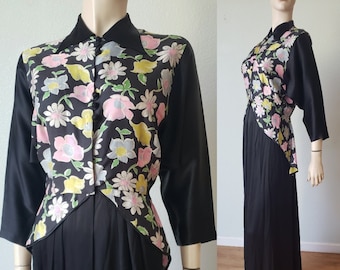 1940s Rayon Peplum Gown Black and Floral / 1940s Rayon Dress / 40s Gown / Shirtwaist Dress / Dress with Peplum / Small 27 W