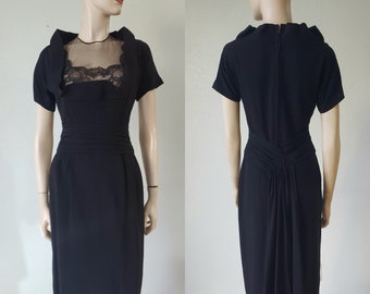 1940s Rembrandt Rayon Illusion Lace Evening Dress with Back Sculptural Tail Panel / 1940s Party Dress / 40s Black Dress / Small 25-26 W