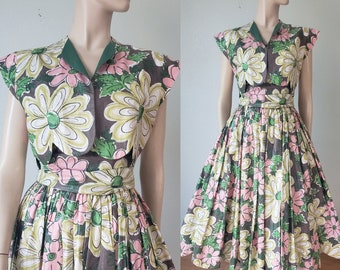 1950s Pat Premo Polished Cotton Summer Dress with Bolero Jacket / 1950s Dress Jacket Set / 50s Sun Dress / 50s Party Dress / Small 25W