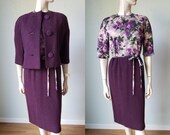 1950s New with Tag Samuel Winston Wool Crepe Dress Suit Plum with Printed Bodice 50s Pencil Dress 1950s Wiggle Dress Jacket Small