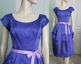 1950s New Without Tags Silk Satin Dinner Dress  / 1950s Sculptural Party Dress / Periwinkle Blue Cocktail Dress  / Small 26 Waist
