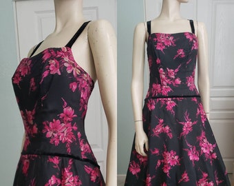 Fuchsia Flowers 1950s Silk Halter Party Dress / 1950s Floral Dress / 50s Cocktail Dress / Small