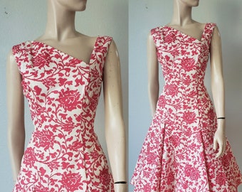 Brilliant 1950s-60s Luis Estevez Cotton Dress with Asymmetrical Neckline / 50s Cotton Dress / 60s Cotton Dress / Couture Dress Med 28W