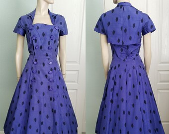 AS IS  1950s Silk Shantung Oval Print Fit and Flare Dress / 50s Shirtwaist Dress / 50s Coat Style Dress / Sm 25" W