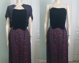 1960s Velvet Lace and Satin Strapless Evening Dress with Bolero Cape Jacket / 60s Formal / 60s Gown and Jacket / Small 26 W