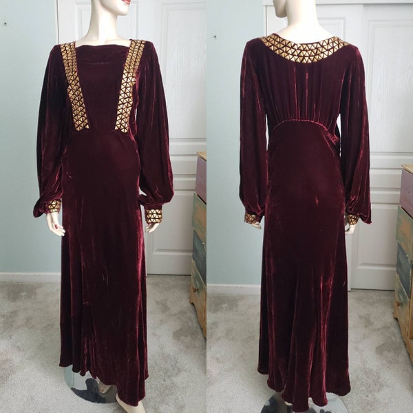 Antique 1930s Silk Velvet Gown with Metal Design  / 30s Gown / Art Deco Dress  / Medium