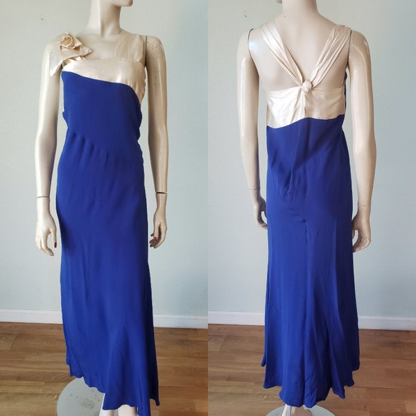 AS IS 1930s Eye Popping Sapphire Blue Silk Gown -Ivory Satin Detail / 1930s Dress / Art Deco Gown / Antique Dress / 30s Dress / Small 28W