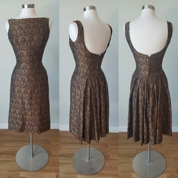 AS IS 1960s Luis Estevez Silk Wiggle Dress with Pleated Back / Paisley Print / 60s Party Dress / 60s Cocktail Dress / Small 26W