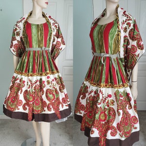 1950s-60s Cotton Dress and Shawl Set / 1950s Summer Dress / 1950s Sundress / Floral and Stripes Print / Small 25 Waist image 1