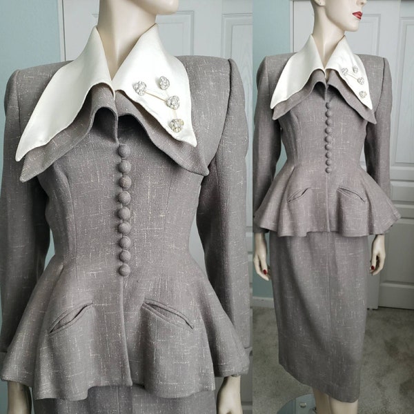 R e s e r v e d : H o l d  Attributed to Lilli Ann 1950s Sculptural Suit with Oversized Collar / 50s Skirt Suit / Vintage Couture