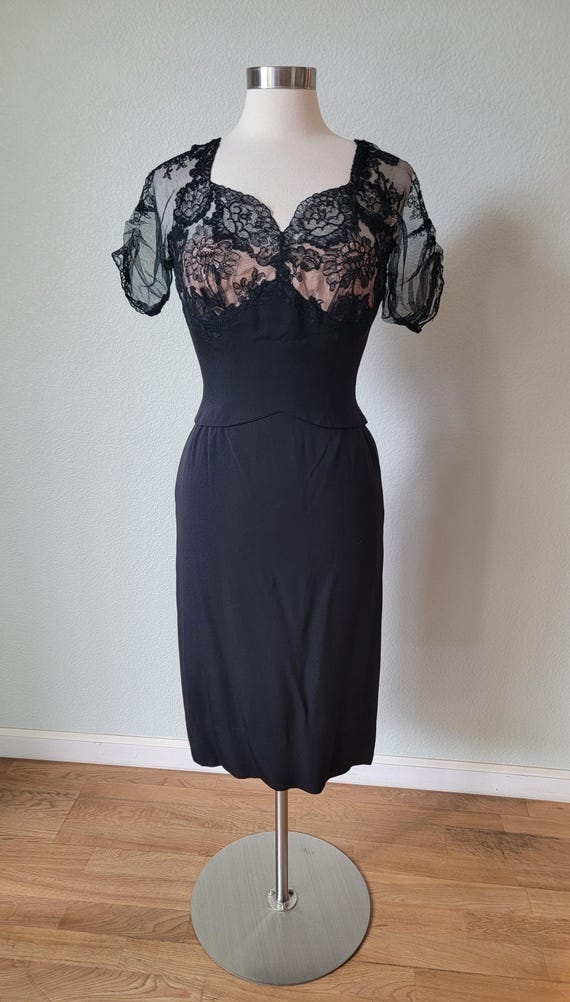 1950s Black Silk Crepe and Illusion Lace Hourglass Cocktail Dress / Master Dressmaker Gladys Williams Honolulu Designer As Is Med 28 W