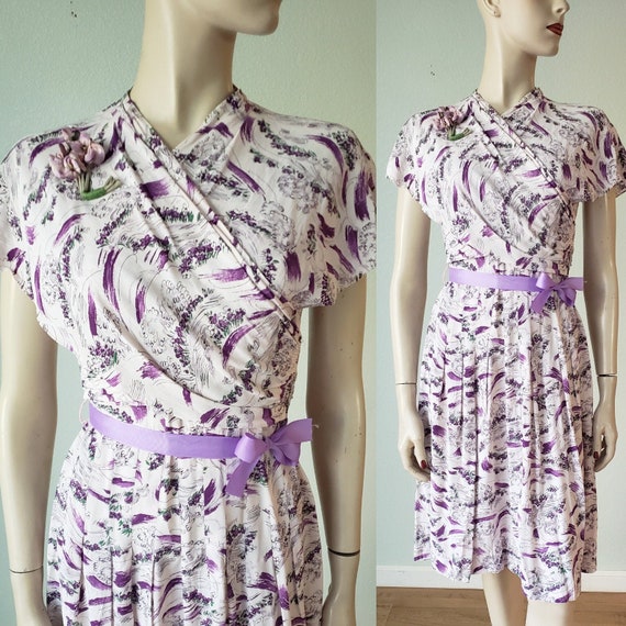 Sweet 1930s-40s Cold Rayon Novelty Print Day Dress
