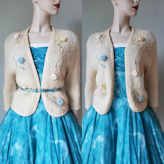 1950s Embroidered Wool Mohair Cardigan / 50s Sweat