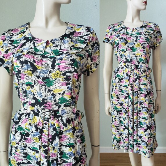 Whimsical 1940s Rayon Silk Novelty Print Dress / P