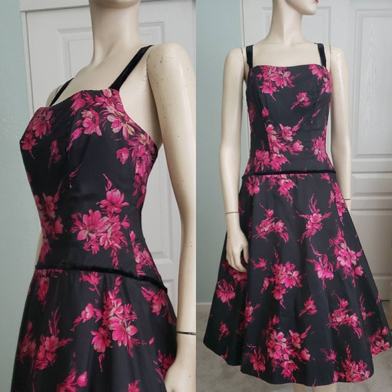 Fuchsia Flowers 1950s Silk Halter Party Dress / 1… - image 1