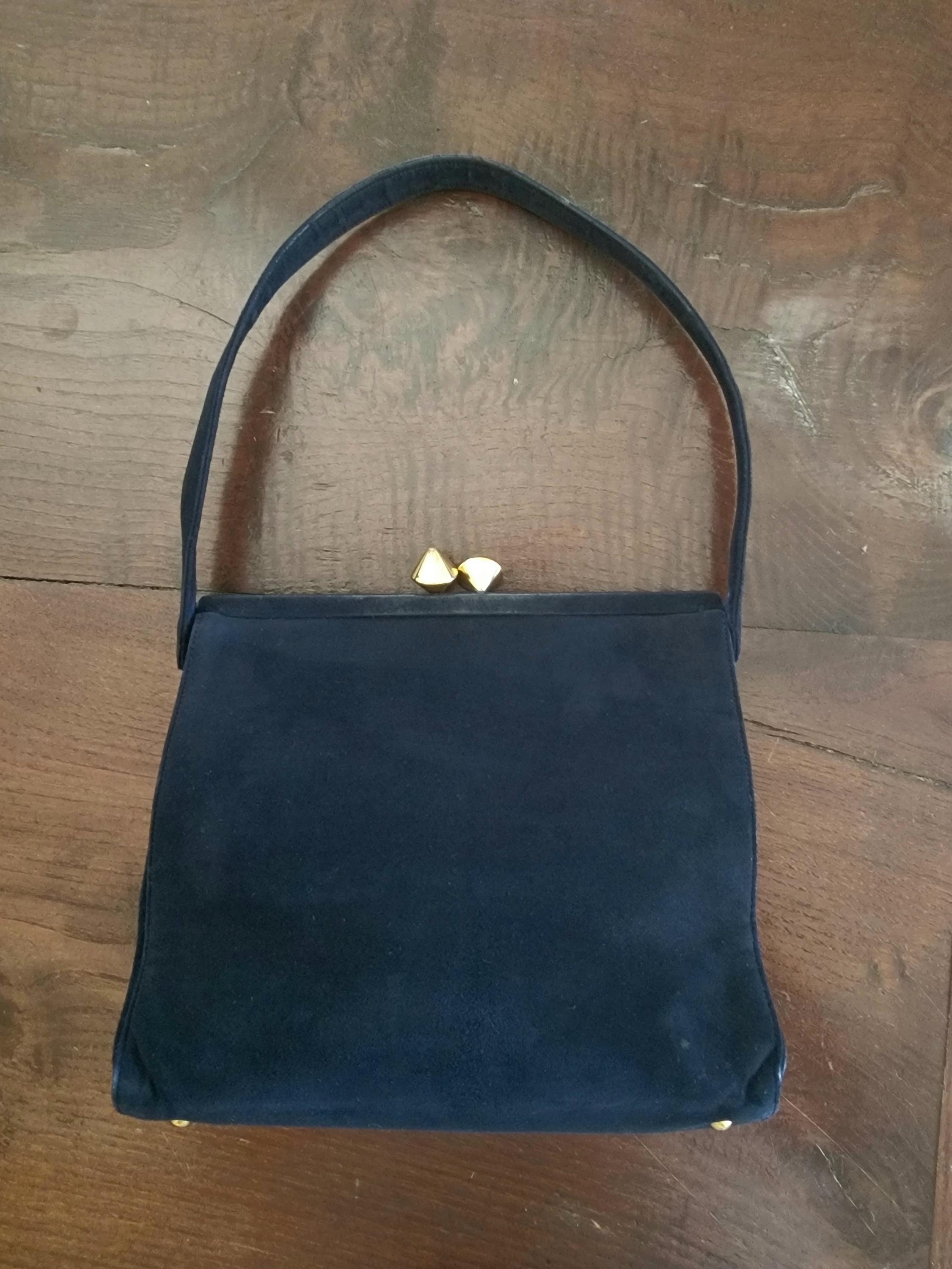 40s 1940s Vintage Purse Navy Suede Handbag Gold Metal Hardware