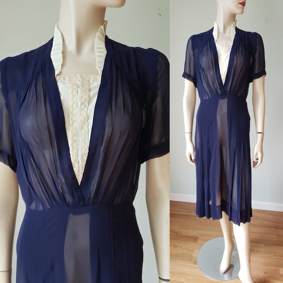 Sweet 1930s Rayon Dress with Lace Insert / 1930s D