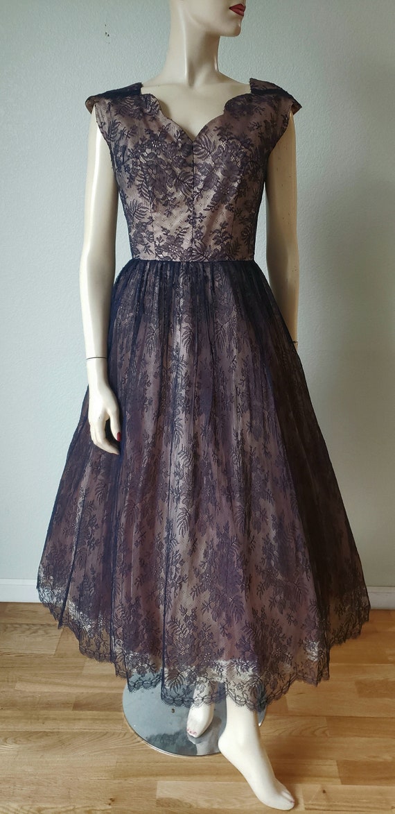 1950s FINE Silk Chantilly Lace Party Dress / 50s … - image 2