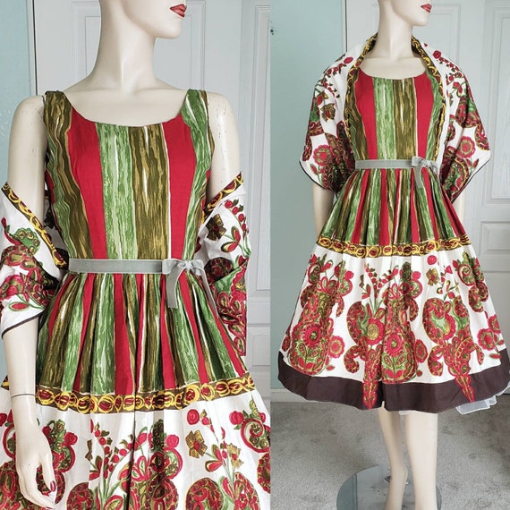 1950s-60s Cotton Dress and Shawl Set / 1950s Summ… - image 9