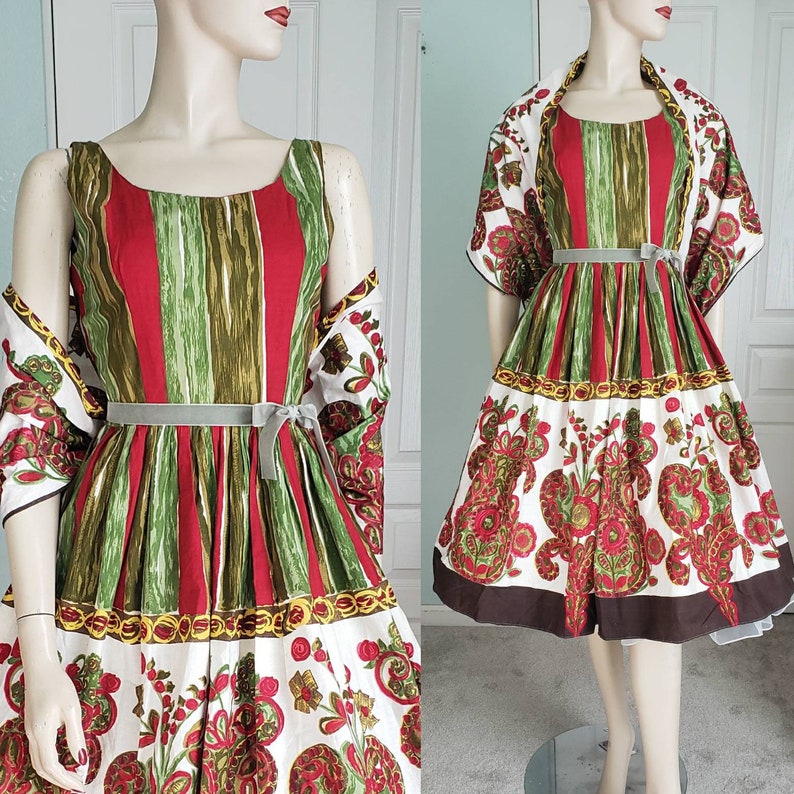 1950s-60s Cotton Dress and Shawl Set / 1950s Summer Dress / 1950s Sundress / Floral and Stripes Print / Small 25 Waist image 9