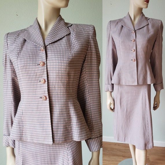1940s Gingham Wool Skirt Suit with Details / 1940s