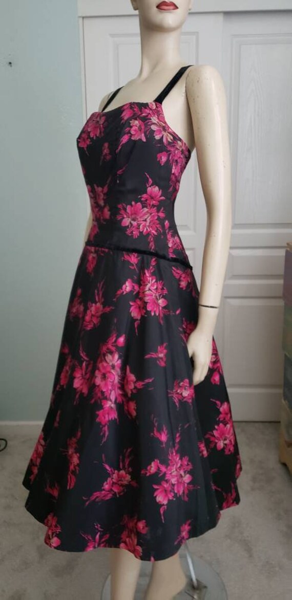 Fuchsia Flowers 1950s Silk Halter Party Dress / 1… - image 5