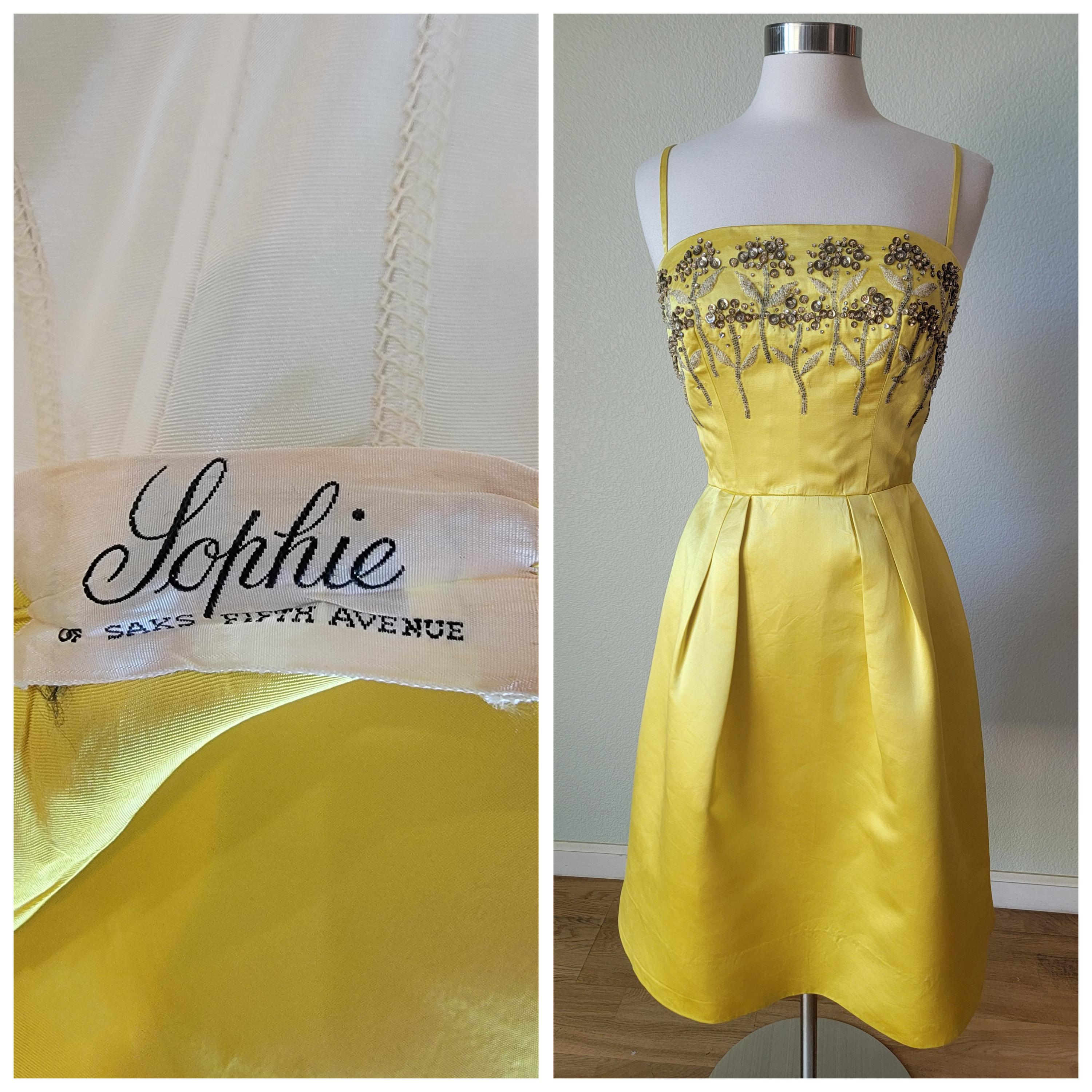 Vintage 50s 60s Sophie of Saks Vintage Satin Cocktail Dress Rhinestone  Beaded Flowers - Formal Couture Evening Luxury Dress SMALL 27 Waist - Etsy