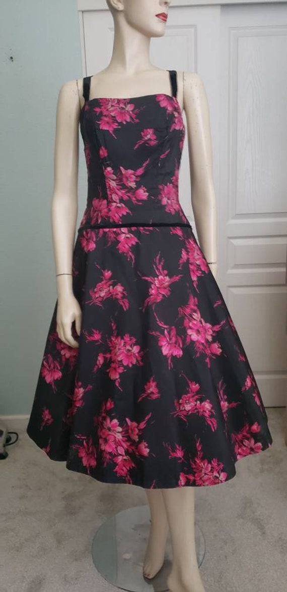 Fuchsia Flowers 1950s Silk Halter Party Dress / 1… - image 10
