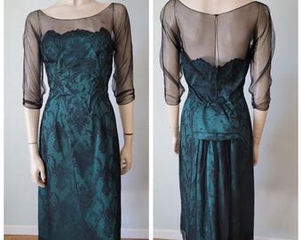 Rare 1950s Henri Bendel Satin and Lace Fishtail Cocktail Formal Party Dress  Couture Sheath / Vintage Luxury SMALL 26 WAIST