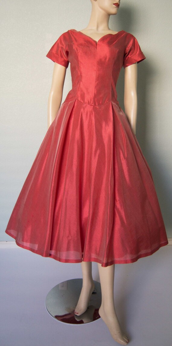 Items similar to 1950s Cinnabar Red Shimmering Taffeta Party Dress ...