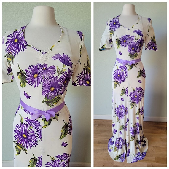 1940s Rayon Jersey Gown Long Dress / 40s Rayon Summer Party Dress Bold Purple Floral Aster Daisy Print / Medium Size 28W