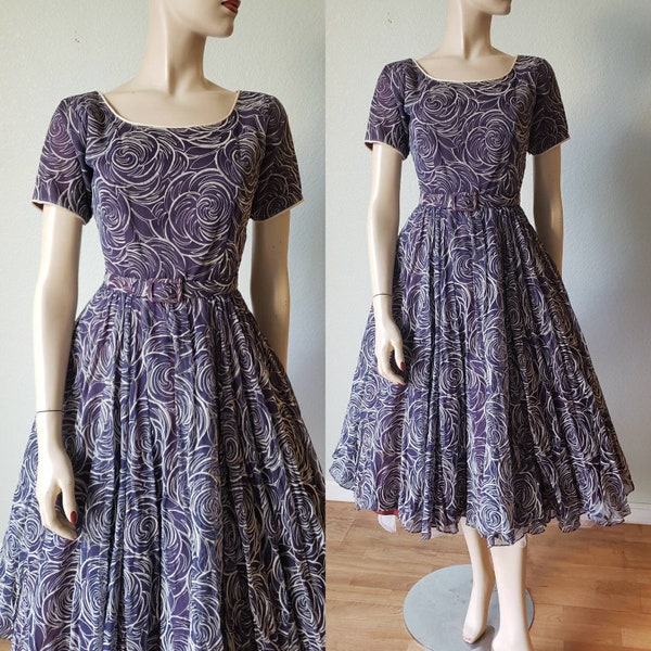 1950s Flocked Organdy Dress with Voluminous Skirt/ 1950s New Look / 1950s Dress Small