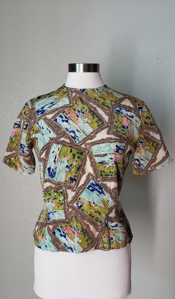 1940s Dorothy Korby Silk Blouse / Novelty Horsebac